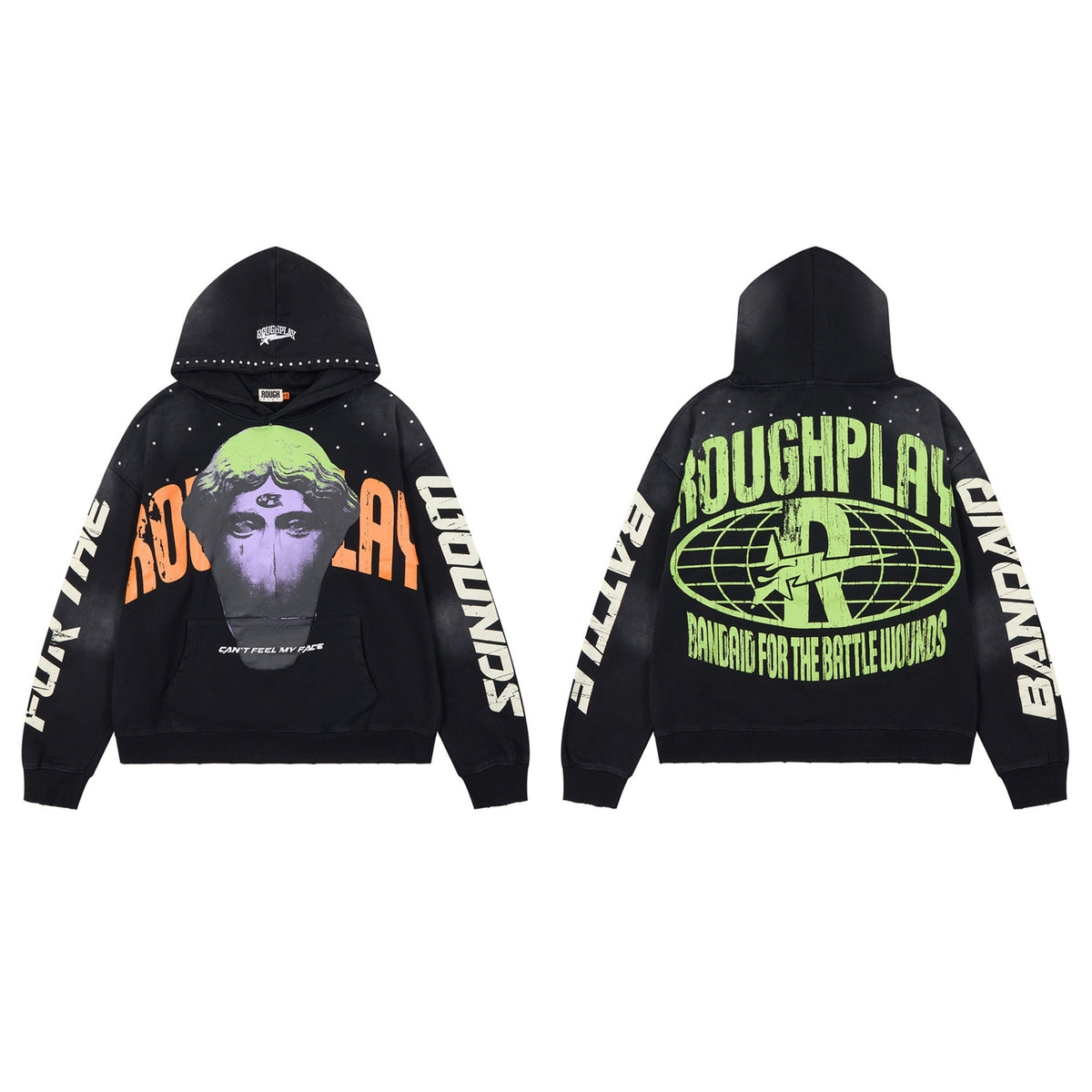 ROUGHPLAY Can't Feel My Face Graphic Oversized Hoodie – Vintage Washed Streetwear Pullover