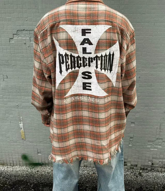 MIXED EMOTION Plaid Graphic Distressed Shirt