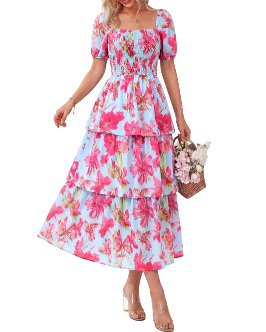 🔥Summer Hot Sale 50% OFF💃Women's Floral Square Neck Puff Short Sleeve Smocked Tiered Dress