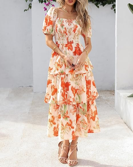 🔥Summer Hot Sale 50% OFF💃Women's Floral Square Neck Puff Short Sleeve Smocked Tiered Dress