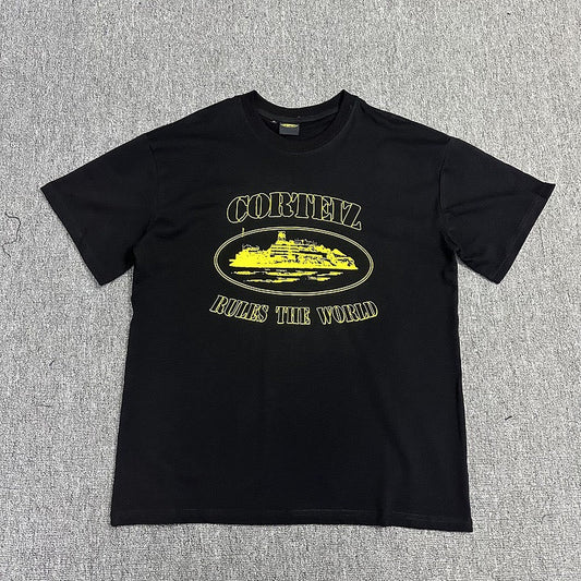 Yellow Graphic Print Black T-Shirt Unisex Streetwear Casual Short Sleeve Tee