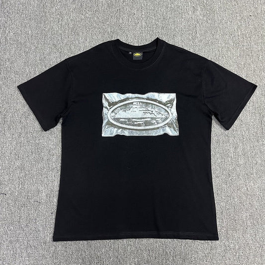 Silver Graphic Print Black T-Shirt Unisex Streetwear Casual Short Sleeve Tee