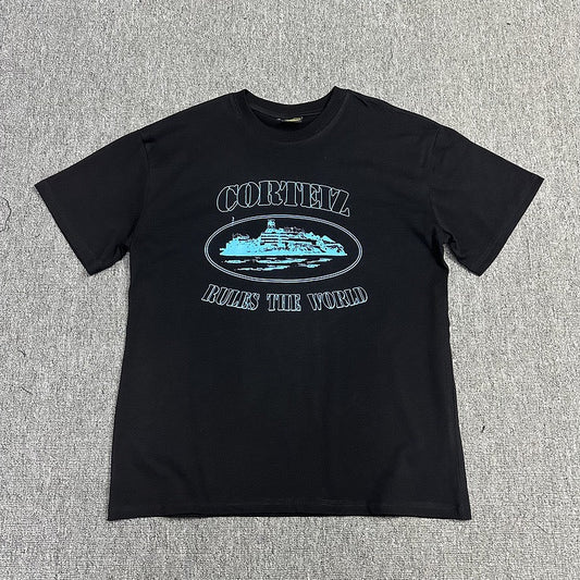 Blue Graphic Print Black T-Shirt Unisex Streetwear Casual Short Sleeve Tee