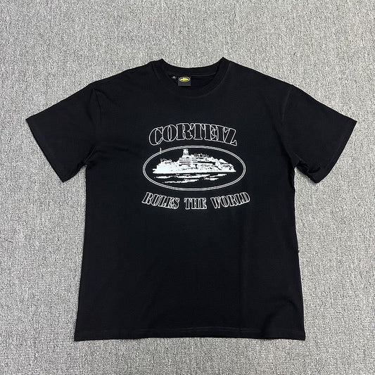 White Graphic Print Black T-Shirt Unisex Streetwear Casual Short Sleeve Tee