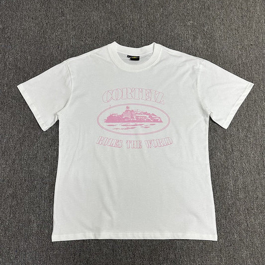 Pink Graphic Print White T-Shirt Unisex Streetwear Casual Short Sleeve Tee