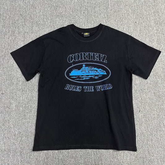 Blue Graphic Print Black T-Shirt Unisex Streetwear Casual Short Sleeve Tee
