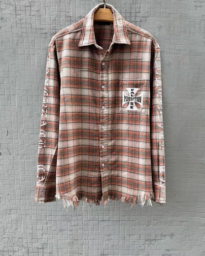 MIXED EMOTION Plaid Graphic Distressed Shirt