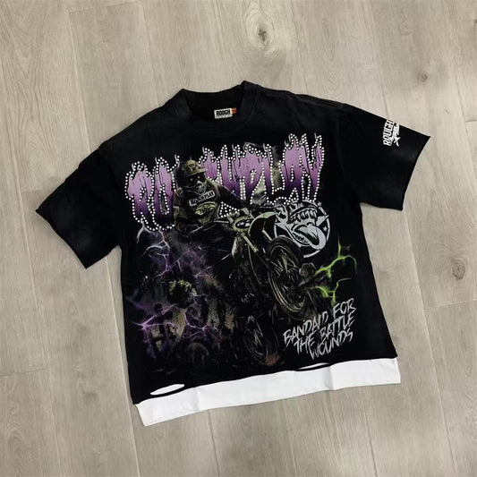 Vintage Motorcycle Graphic Oversized T Shirt Men Black Streetwear Short Sleeve Casual Tee