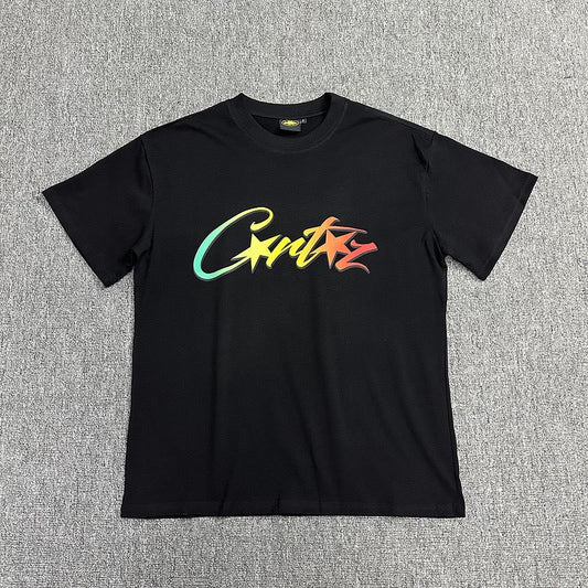 Rainbow Gradient Graphic Print Black T-Shirt Unisex Streetwear Casual Short Sleeve Tee