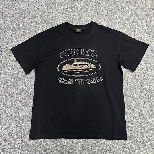 Beige Graphic Print Black T-Shirt Unisex Streetwear Casual Short Sleeve Tee