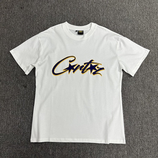 Navy Gold Graphic Print White T-Shirt Unisex Streetwear Casual Short Sleeve Tee