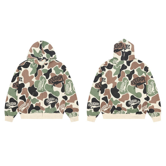 ROUGHPLAY Camo Full Zip Hoodie – Oversized All-Over Print Streetwear Zip-Up Jacket