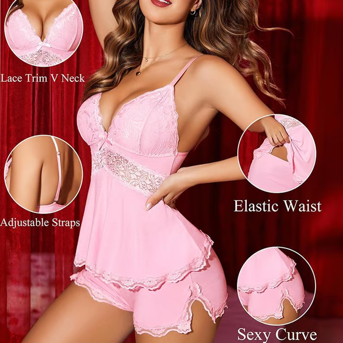 🎉Summer Hot Sale💕Lace Trimmed V-Neck Camisole & Shorts Sleepwear Set
