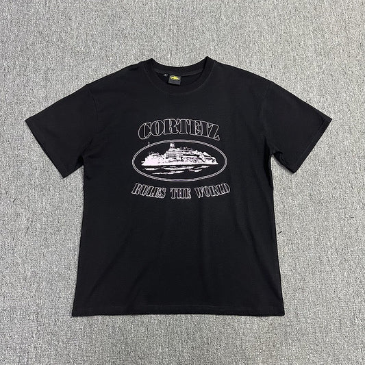 White Graphic Print Black T-Shirt Unisex Streetwear Casual Short Sleeve Tee