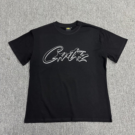 White Outline Graphic Print Black T-Shirt Unisex Streetwear Casual Short Sleeve Tee