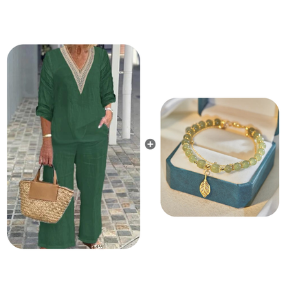 Women's V-Neck Top & Wide-Leg Pants