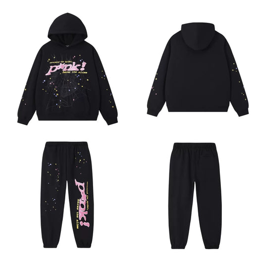 SP5DER Punk Web Graphic Pullover Hoodie and Sweatpants Matching Set - Black / Pink