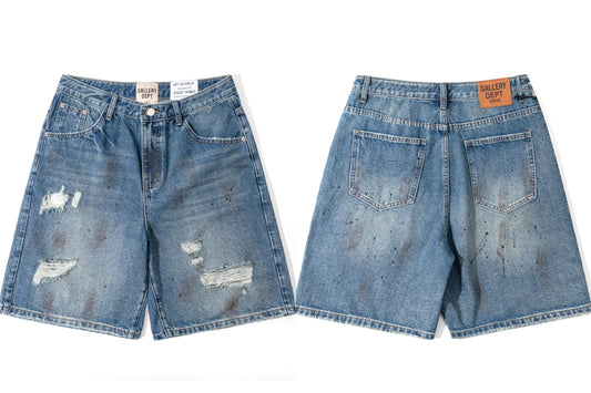 Gallery Dept. Distressed Paint Splatter Denim Shorts - Medium Blue