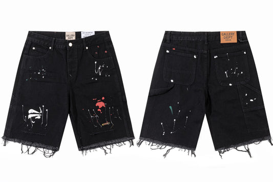 Gallery Dept. Raw-Edge Distressed Paint Splatter Denim Shorts - Black