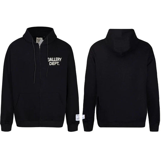 Gallery Dept Solid Black White Logo Full Zip Up Hoodie