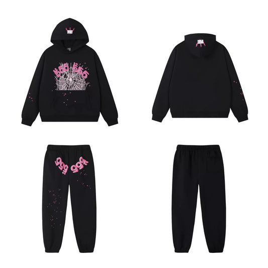 SP5DER Crown Graphic Pullover Hoodie and Sweatpants Matching Set - Black / Pink