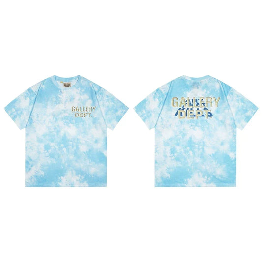 Gallery Dept. Marble Tie-Dye Gold Logo Short Sleeve T-Shirt - Light Blue