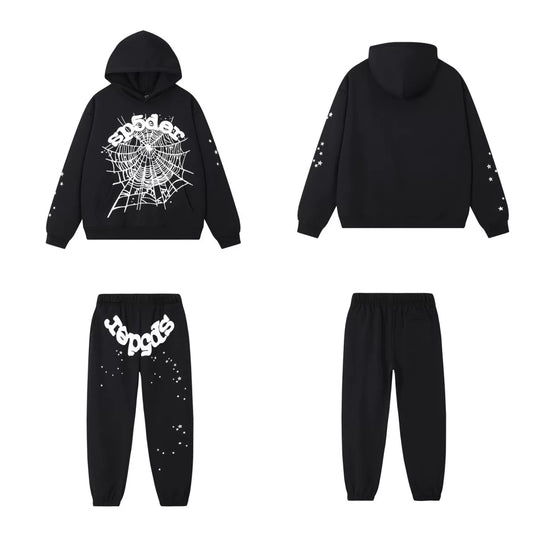 SP5DER Web Graphic Pullover Hoodie and Sweatpants Matching Set - Black / White