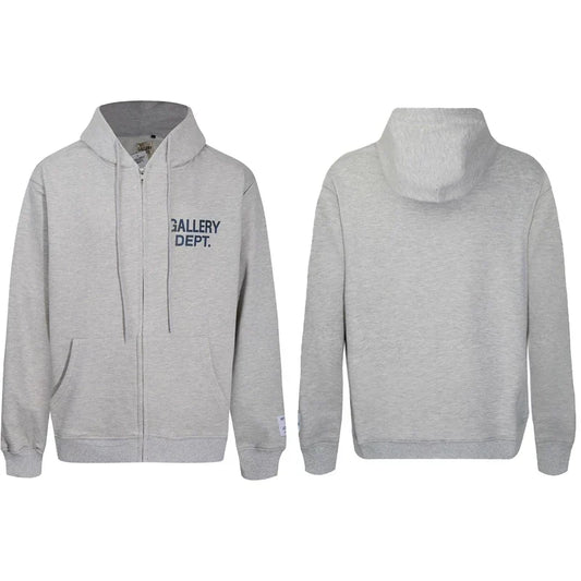 Gallery Dept Heather Grey Navy Blue Logo Full Zip Up Hoodie