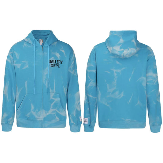 Gallery Dept Blue Marble Tie‑Dye Black Logo Full Zip Up Hoodie