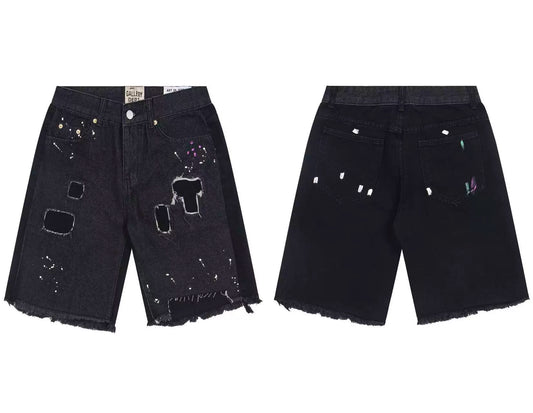Gallery Dept. Patched Distressed Paint Splatter Denim Shorts - Black