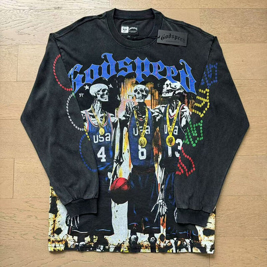 GodSpeed Washed Black Basketball Skull Graphic Long Sleeve T-Shirt