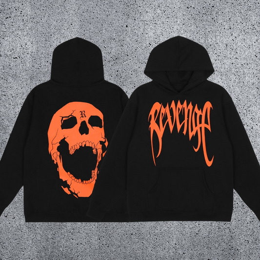 REVENGE Orange Skull Graphic Pullover Hoodie