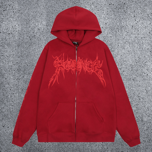 REVENGE Gothic Flame Zip-Up Fleece Hoodie