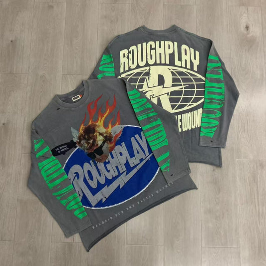 Vintage Washed Flame Graphic Oversized Long Sleeve T-Shirt