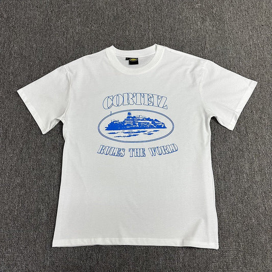 Blue Graphic Print White T-Shirt Unisex Streetwear Casual Short Sleeve Tee