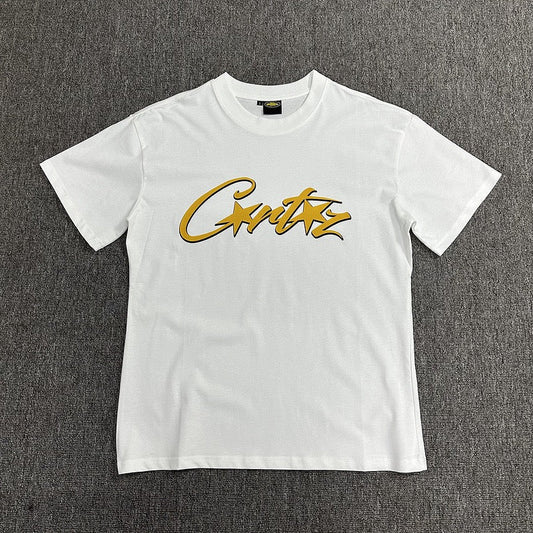 Golden Graphic Print White T-Shirt Unisex Streetwear Casual Short Sleeve Tee