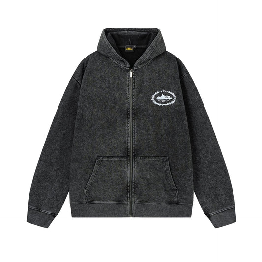 Vintage Washed Black Zip Up Hoodie Unisex Streetwear Casual Jacket