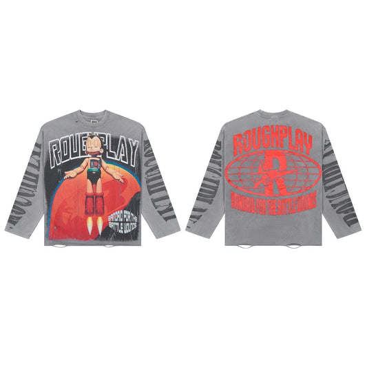 Vintage Washed Robot Graphic Oversized Long Sleeve T-Shirt