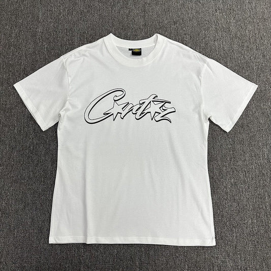 Black Outline Graphic Print White T-Shirt Unisex Streetwear Casual Short Sleeve Tee