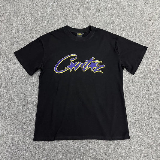 Purple Yellow Graphic Print Black T-Shirt Unisex Streetwear Casual Short Sleeve Tee