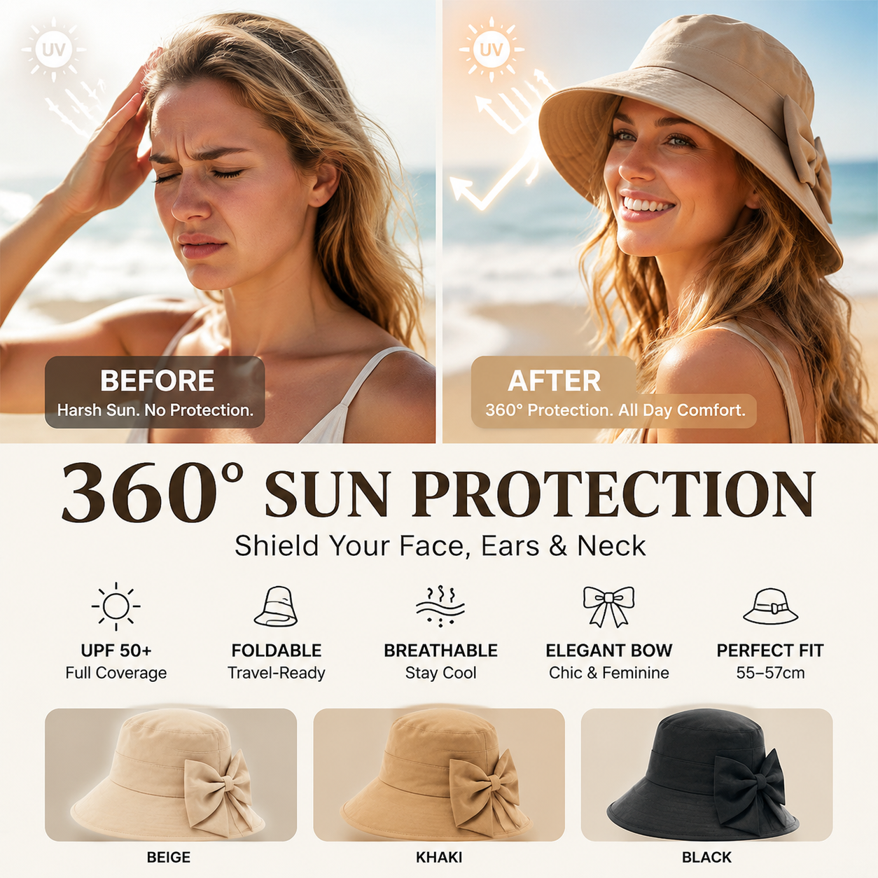 👒 LIMITED-TIME 50% OFF! ✨ Women's Bowknot Wide Brim Sun Hat – Foldable, 360° Protection 🎀