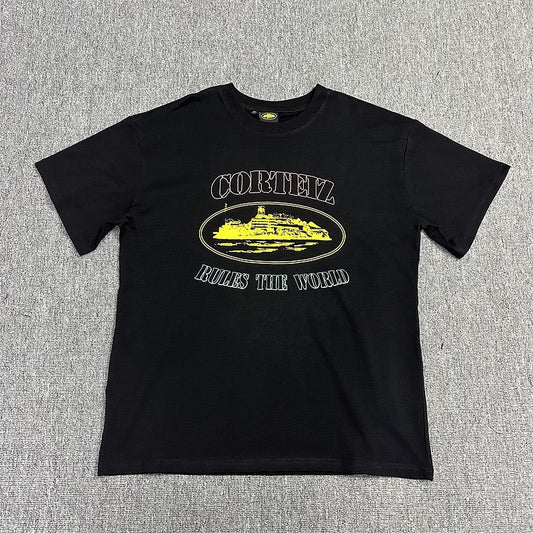 Yellow Graphic Print Black T-Shirt Unisex Streetwear Casual Short Sleeve Tee