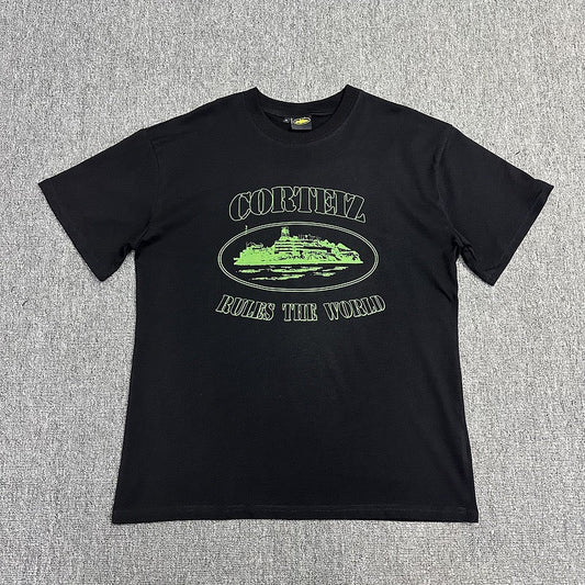 Green Graphic Print Black T-Shirt Unisex Streetwear Casual Short Sleeve Tee