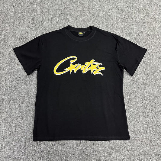 Yellow Graphic Print Black T-Shirt Unisex Streetwear Casual Short Sleeve Tee