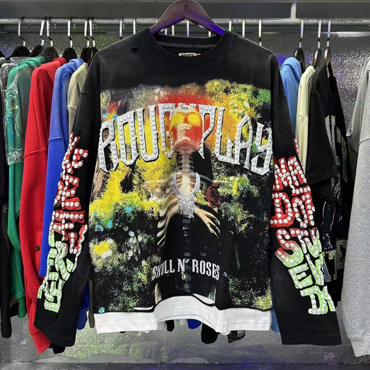 Vintage Rough Play Skeleton Graphic Long Sleeve T-Shirt – Distressed Streetwear Oversized Tee