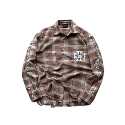 MIXED EMOTION Plaid Graphic Distressed Shirt