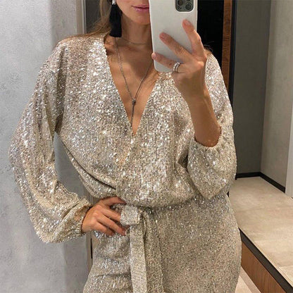 💕Limited Sale 50% OFF💕Women's Sparkly V Neck Belted Jumpsuits