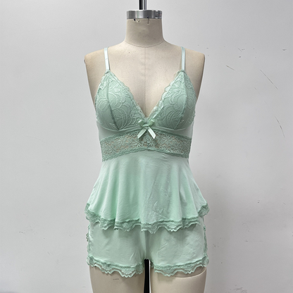 🎉Summer Hot Sale💕Lace Trimmed V-Neck Camisole & Shorts Sleepwear Set