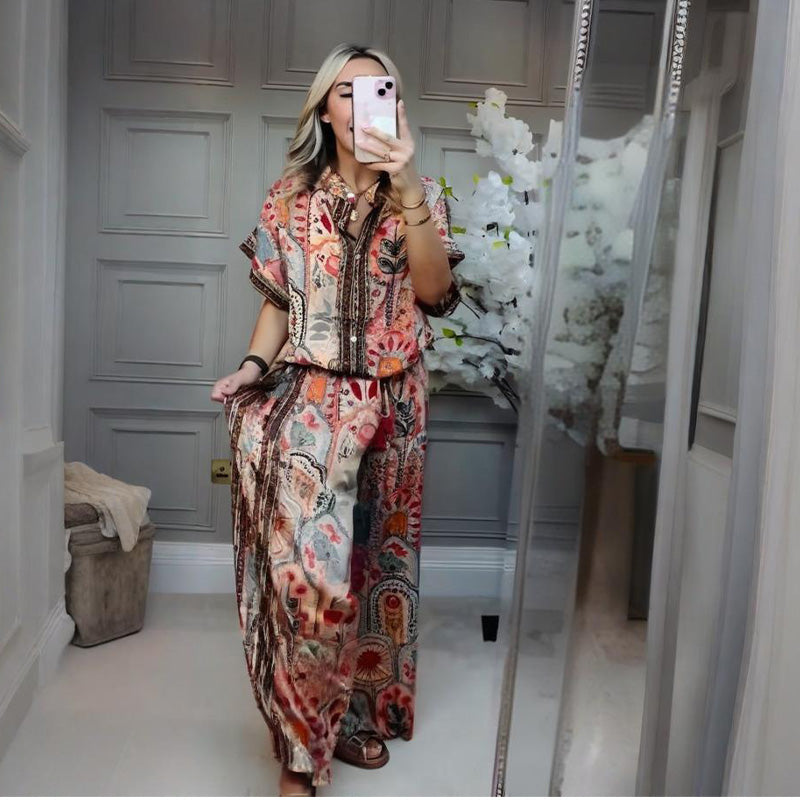 💥50% OFF💥Women's Printed Top & Wide Leg Pants 2-Piece Set