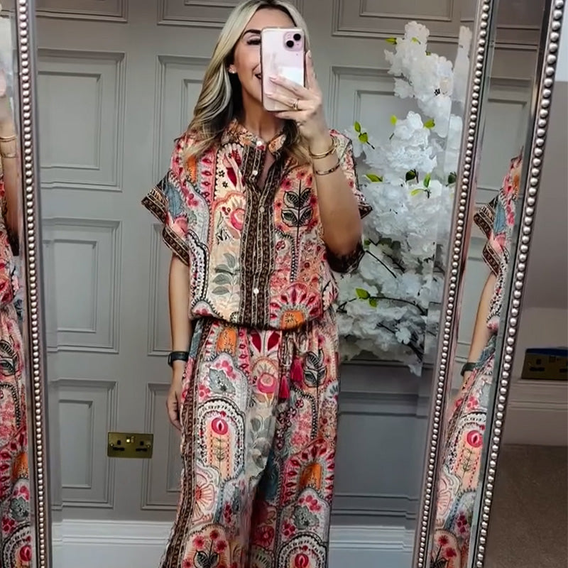 💥50% OFF💥Women's Printed Top & Wide Leg Pants 2-Piece Set